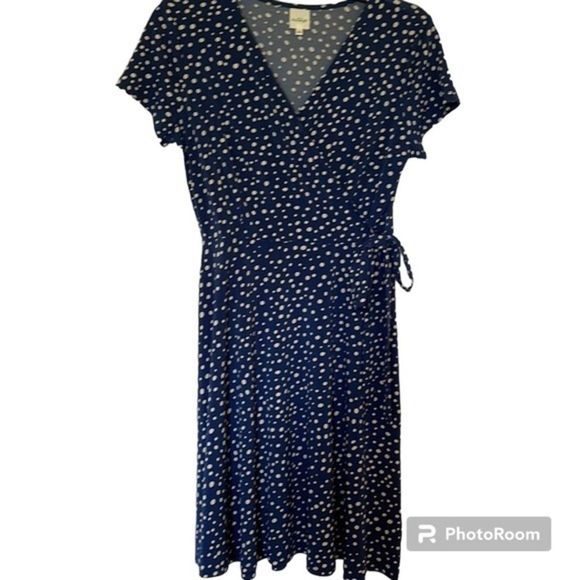 Kaileigh Blue Polka Dot Print Short Sleeves Wrap V Neck Dress Size Small - Picture 1 of 5